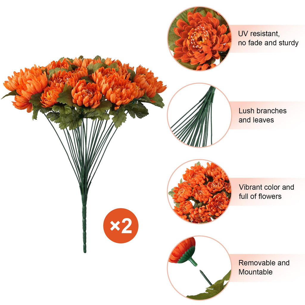 2 Bundles Artificial Fake Mums Flowers for Outdoor, 48 Heads Faux Purple Silk Chrysanthemum Bouquets with Long Stems