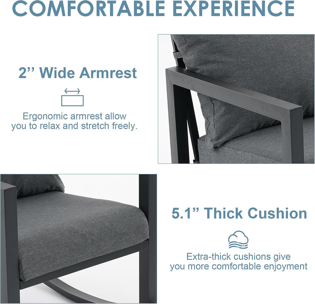 Outdoor Rocking Chair Set 2 with Coffee Table, 3 Piece Metal Rocking Bistro Set with 5.1" High Density Cushions for