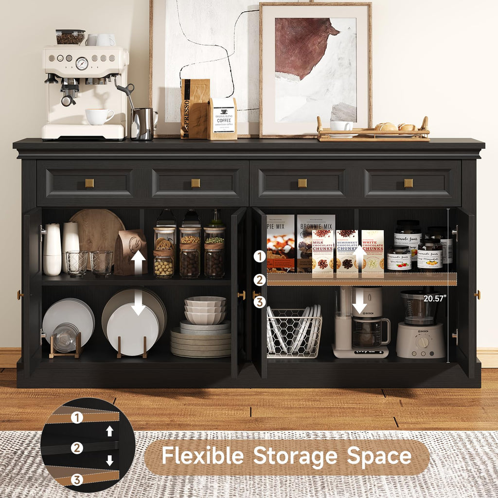 63 Inch Buffet Cabinets with Storage, 4-Doors Sideboard Credenza