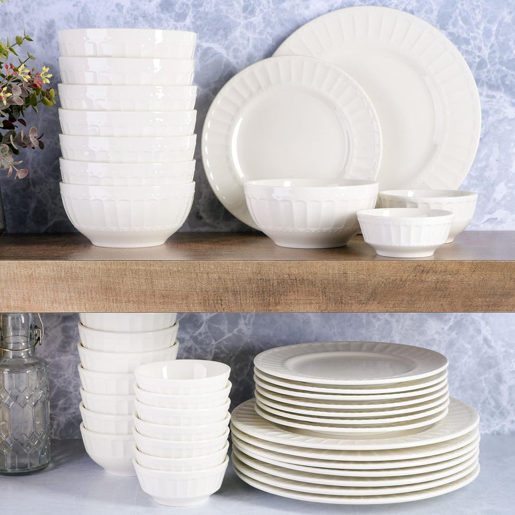Zen Buffet Porcelain Ceramic Dinnerware Sets for 8, Plates and Bowls Set (40pcs), White Embossed Dishes