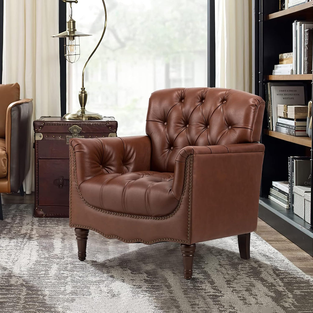Mid Century Modern Genuine Leather Accent Chair, Brown - Set of 2