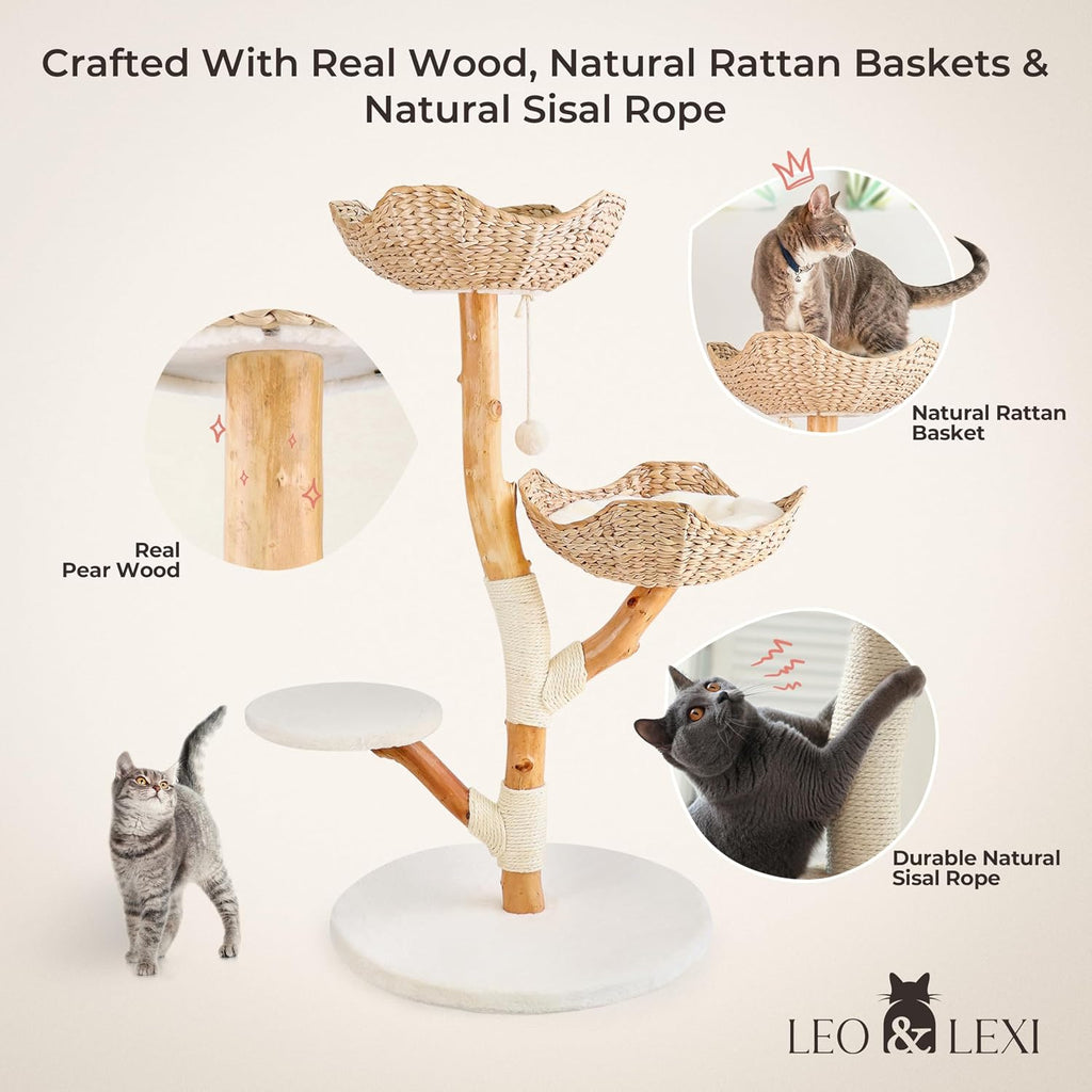 Aesthetic, Real Wood Modern Cat Tree. 46 inches Tall, Sturdy, Solid Natural Wood Tower for Large Cats. Scratching