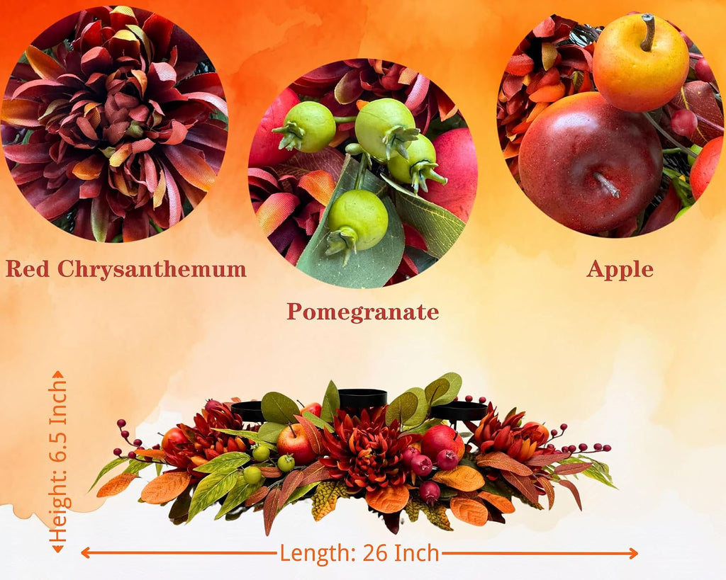 Inch Fall 3 Candle Holder with Faux Apples, Mums and Berries - Set of 3