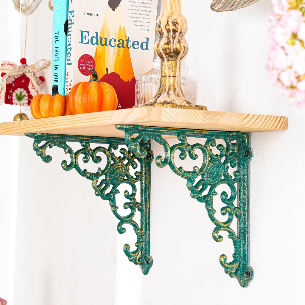 Vintage Cast Iron Shelf Brackets - 2 Pack 7.7 Inch Rustic Green