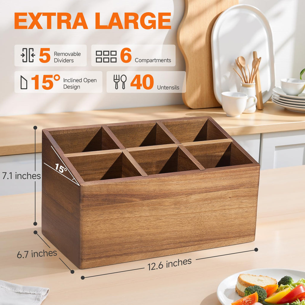 Kitchen Utensil Holder for Countertop, Wooden, Inclined Open Design
