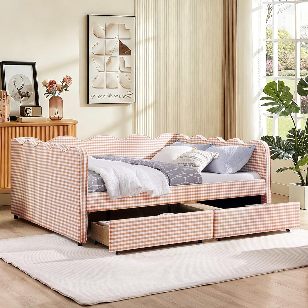 Queen Size Gingham Daybed with Storage Drawers, Upholstered Linen Day Bed Frame with USB Ports & Wave-Shaped
