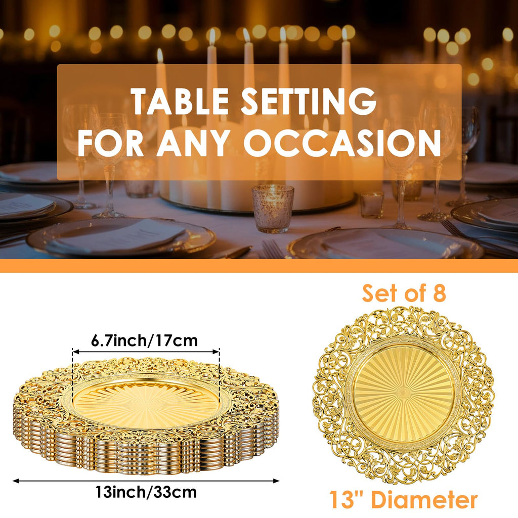 8 Pcs Antique, 13" Round Plastic Dinner Chargers, Decorative Hollowed Out Flowers Serving Plates for Dinner