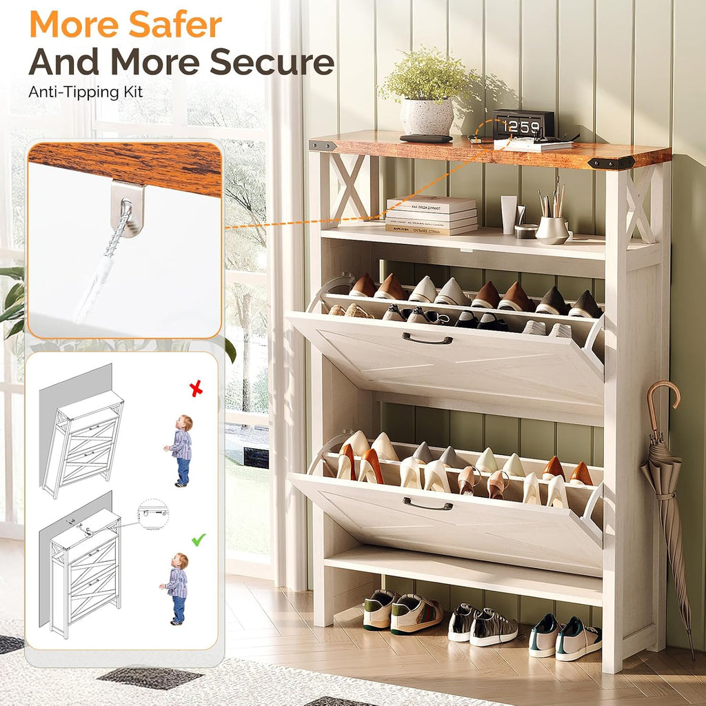 Farmhouse Shoe Cabinet with 2 Flip Drawers, Slim Entryway Shoe Storage Organizer with Open Shelf, Freestanding Wood