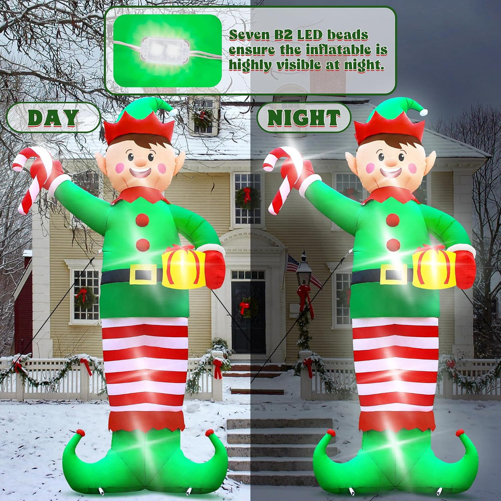 Christmas Inflatables, Giant 15 FT Christmas Elf Inflatable Outdoor Decoration, Blow Up Xmas Elf Holding Box, LED
