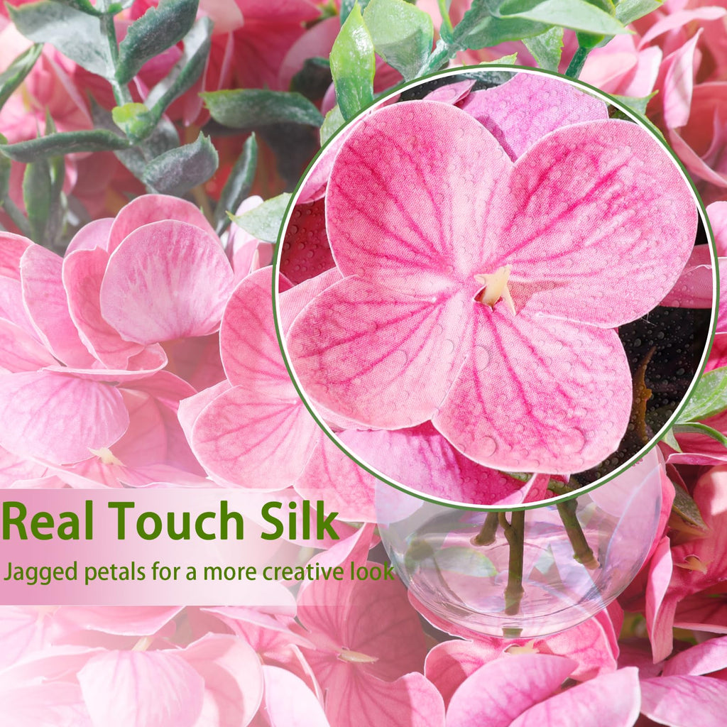 Rose Red Hydrangea Artificial with Eucalyptus in Vase Fake Coffee Table Decor Real Touch with Faux Water Decor