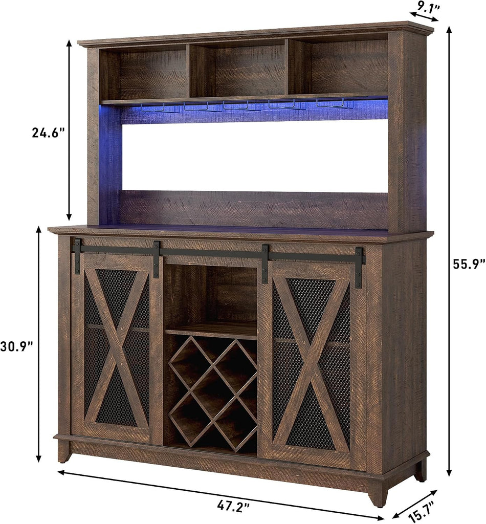 47"Wide 56"H Farmhouse Coffee Bar Cabinet with Power Outlet and LED Light,Wine Bar Cabinet w/3 Storage Hutch,Kitchen