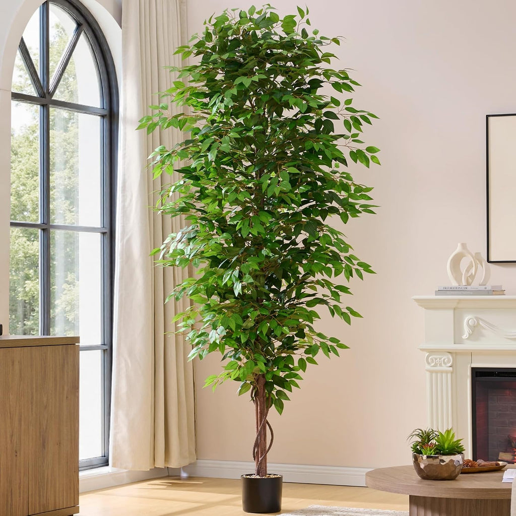 8FT Tall Artificial Ficus Tree, Potted Faux Banyan with Lush Leaves