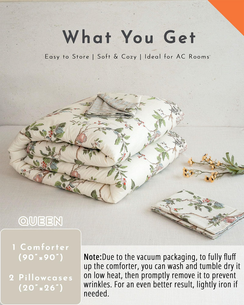 Farmhouse Cotton Comforter Set 3PC - Soft Cream Base Songbird Grove Botanical Prints, Earthy Stripe