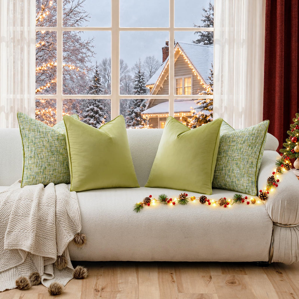 Green 4 Pack Throw Pillow Covers - Chenille & Velvet Set with Piping, Farmhouse Textured Design Pillow Cases for