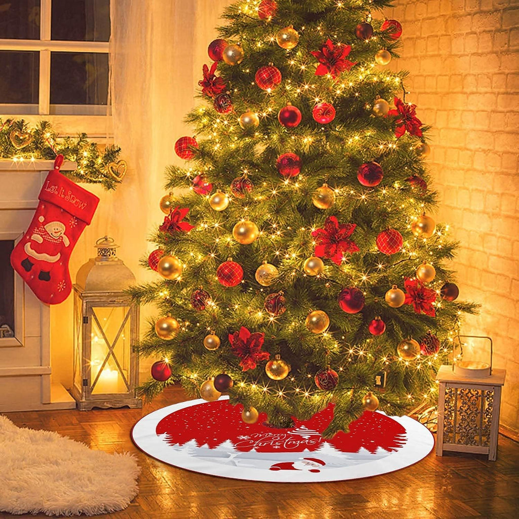 Christmas Tree Skirt Red Xmas Tree Ornaments for White Soft Plush Christmas Tree Mat with Snowy Pattern