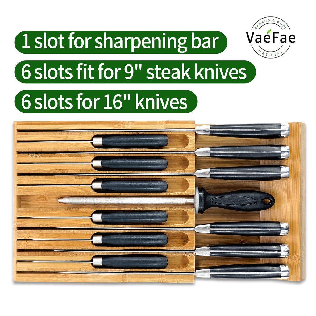Bamboo Knife Drawer Organizer, Knife Drawer Organizer Insert, Kitchen Drawer Knife Block for 12 Knives and a PLUS