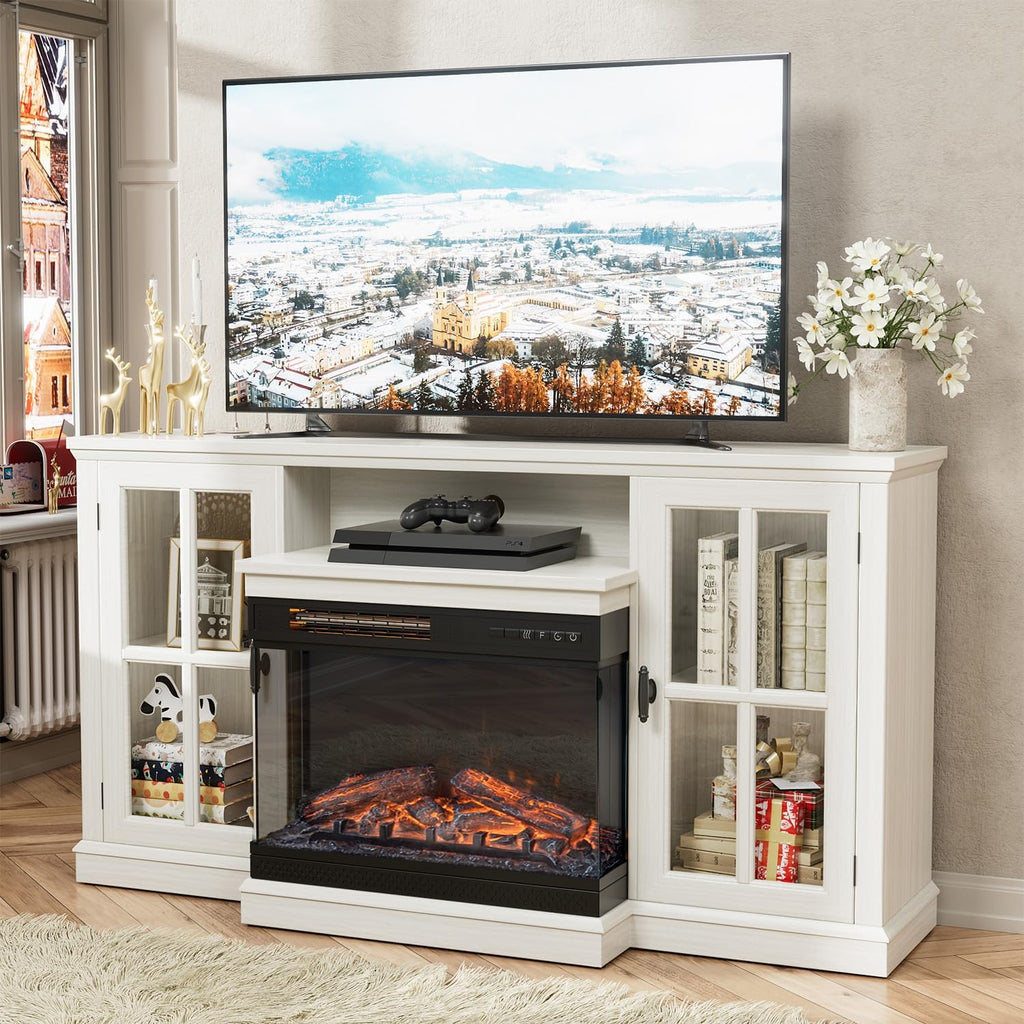 3-Sided Glass Fireplace TV Stand for TVs up to 65 Inches, Entertainment Center with Adjustable LED Flame Colors and Cabinet Storage, Distressed White