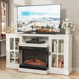 3-Sided Glass Fireplace TV Stand for TVs up to 65 Inches, Entertainment Center with Adjustable LED Flame Colors and Cabinet Storage, Distressed White