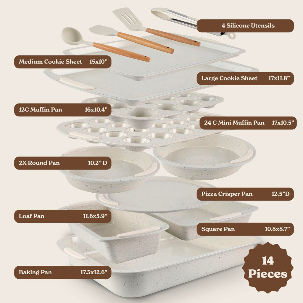 Nonstick Stackable Bakeware Set - Durable, Easy Release Baking Set, Cream, 14 Pcs