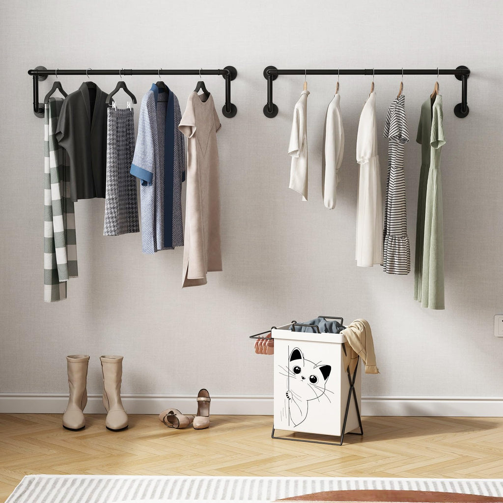 Industrial Pipe Clothes Racks 2 Pack, Black Pipe Wall Mounted Clothing Racks for Hanging Clothes, Space Saving Closet