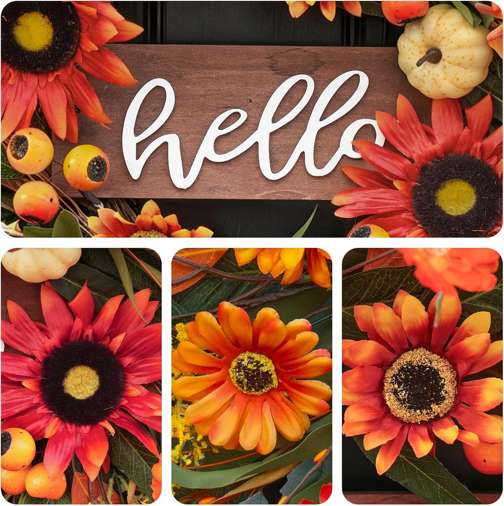 24 Inch Artificial Fall Wreaths for Front Door Outside with Hello Sign''