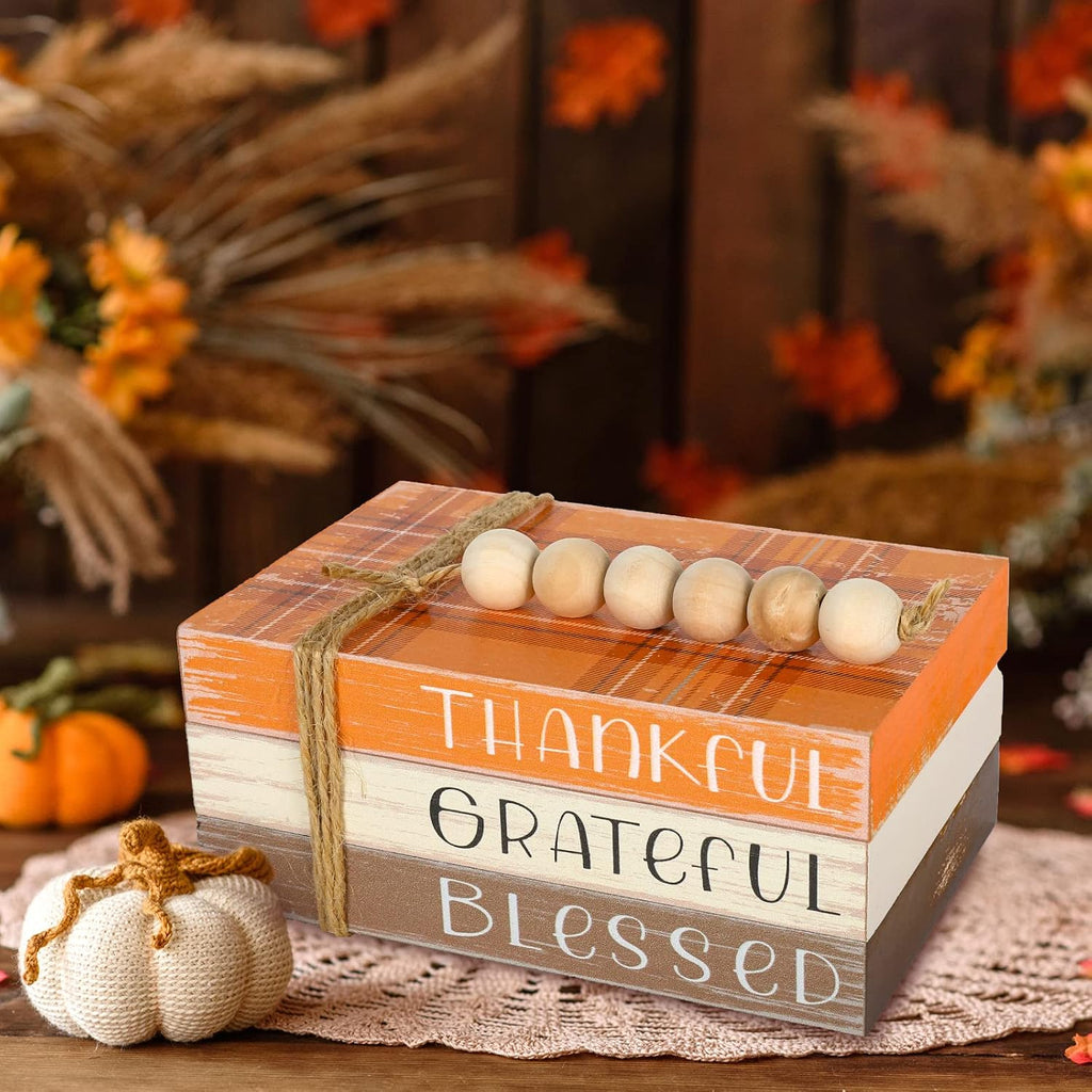 Fall Wooden Tiered Tray Decor Plaid Faux Decorative Stacked Books Bundle Thankful Grateful Blessed Wooden Block Sign