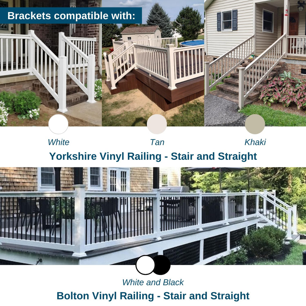 Straight Vinyl Railing Brackets - Straight Porch and Deck Railing Bracket Set, Top & Bottom Classic Brackets for