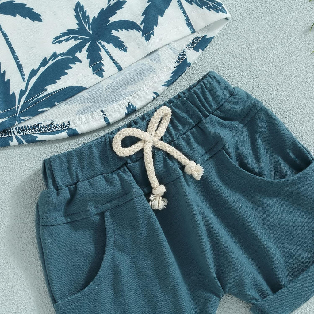 Toddler Baby Boy Clothes Beach Short Sleeve Palm Print Hawaiian T-Shirt and Drawstring Shorts Set Summer Outfit