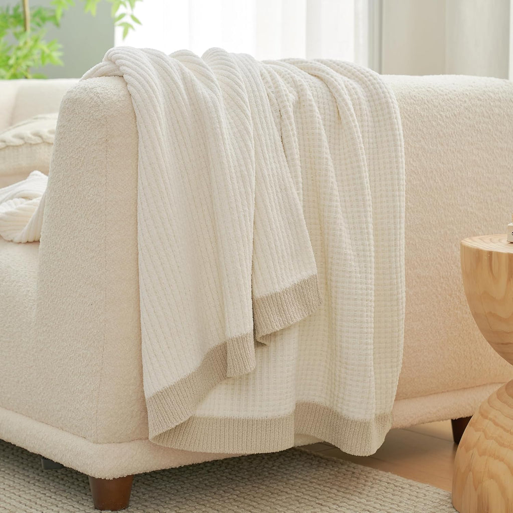 Chenille Throw Blanket, Soft Cozy Waffle Throw, Warm Yet Lightweight, Breathable All-Season Throws for Women Men