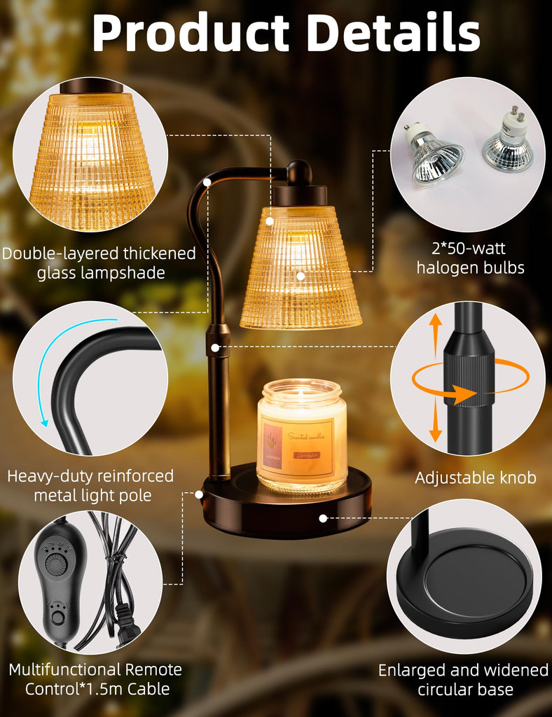 Candle Warmer Lamp for Jar Candles, Height Adjustable & Dimmable with 2/4/8H Timer, 2*50W Halogen Wax Melter Warmer