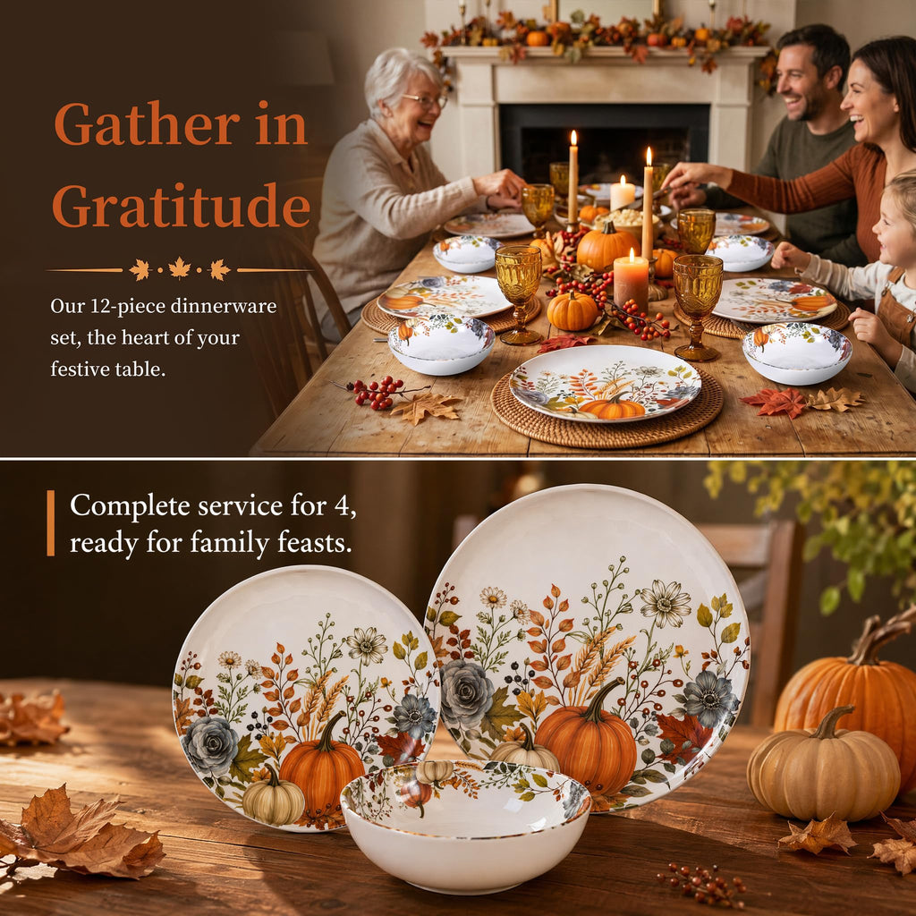 12pcs Melamine Dinnerware Set - Fall Pumpkin Plates and Bowls for RV