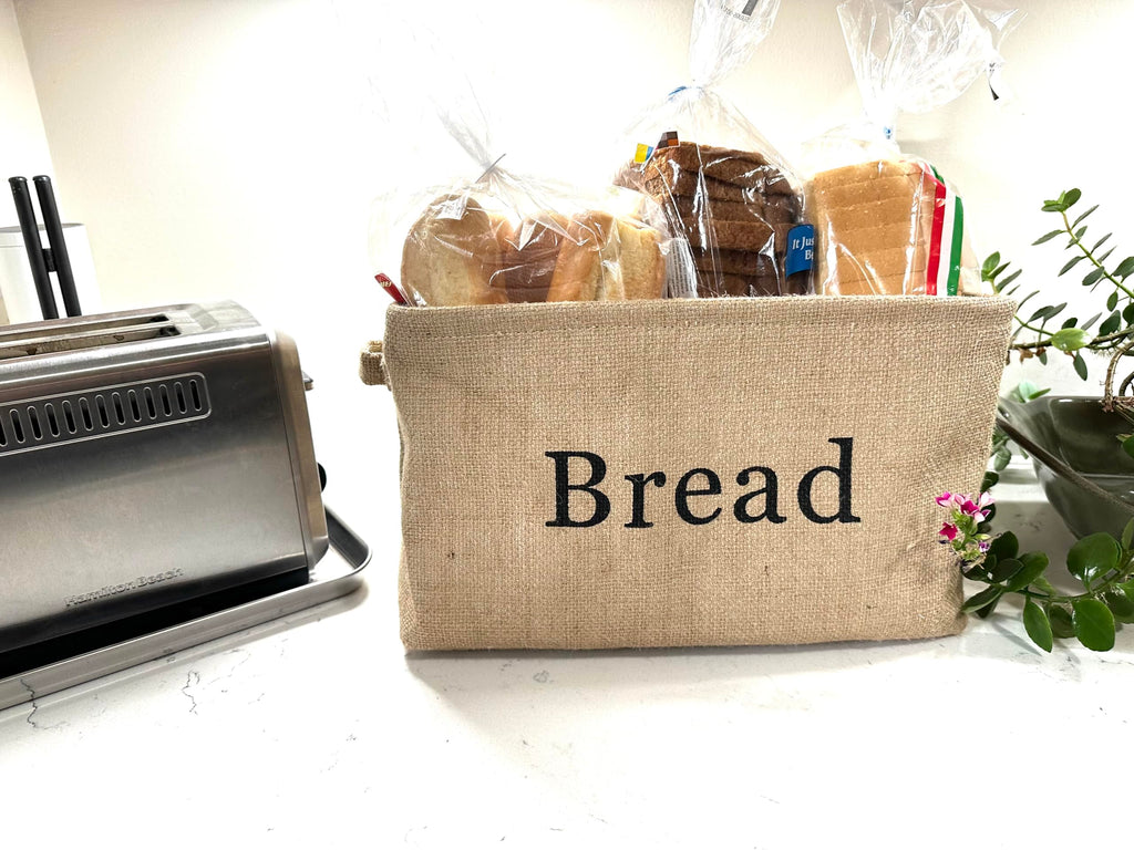 Bread Storage Bin- Burlap basket for keeping Bread, Rolls and other items Counter or Pantry