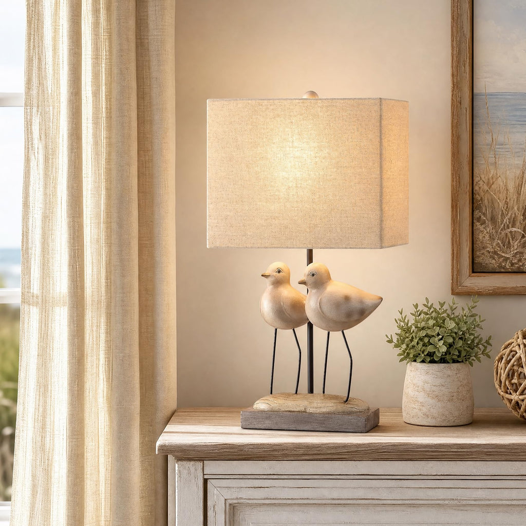 21" Coastal Bird Table Lamp, Twin Gray Resin Shorebirds