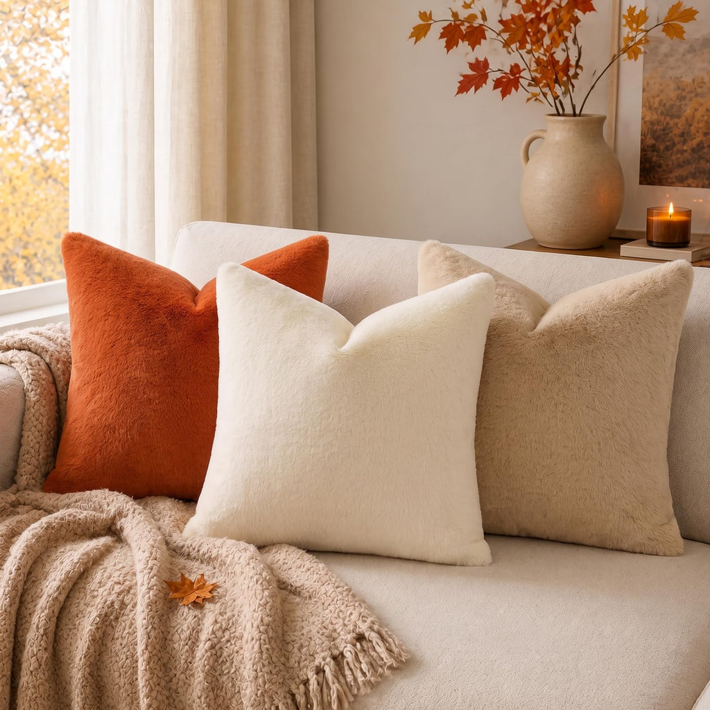 Faux Fur Fall Decorative Throw Pillow Covers 24x24 Set of 2, Rust