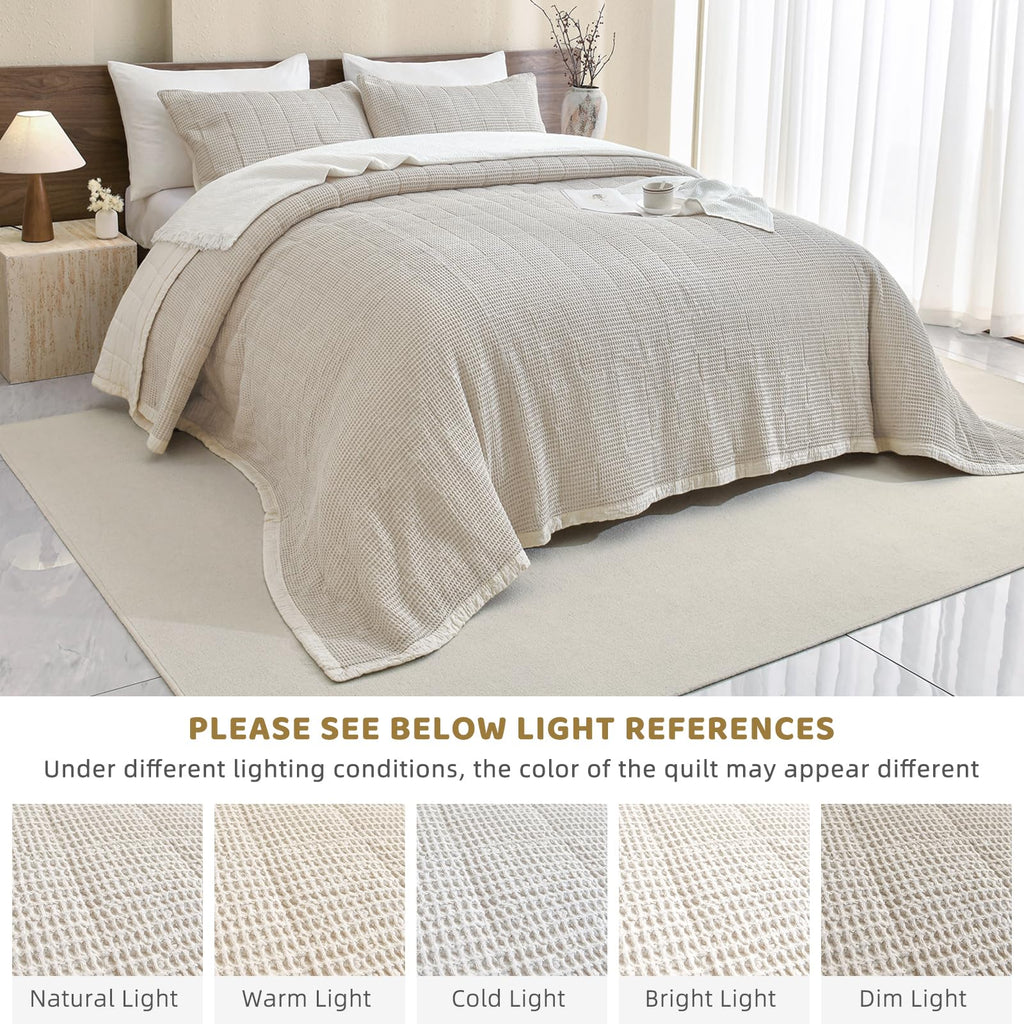 Cotton Bedspread(120"x120"), Wheat Waffle Weave Quilt Set 3Pcs Soft Lightweight Farmhouse Oversized