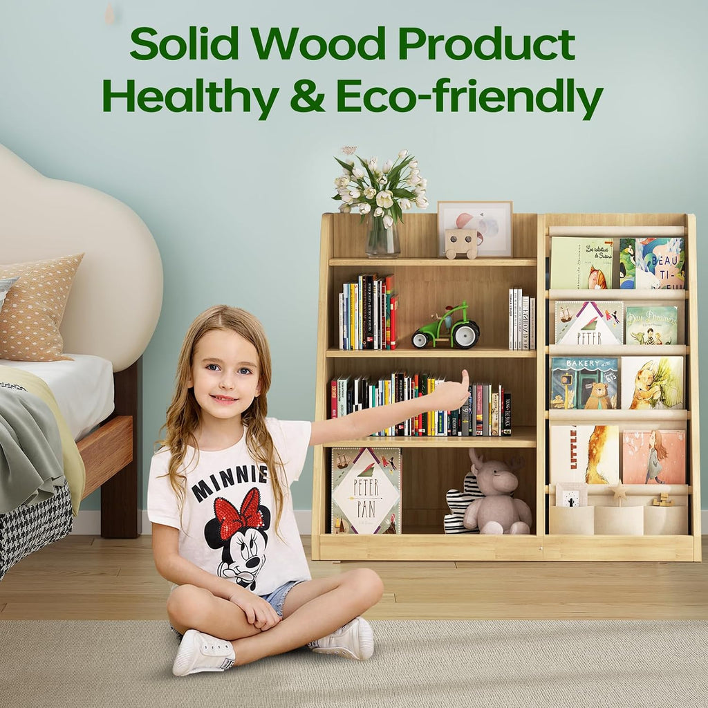 Kids Bookshelf and Toy Storage Organizer, 4 Tier Wooden Kids Book Shelf with Sling Book Rack in Kids Room Playroom