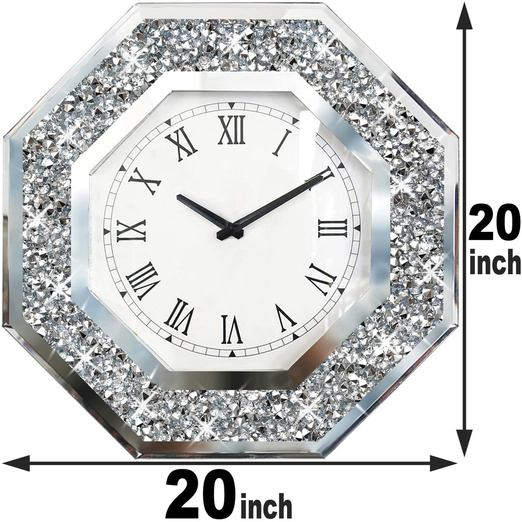 Wall Clock, Octagon Mirror Glass Clock, Cute Diamond 20-inch Non-Ticking Clock for Wall Décor, Perfect Home Decor