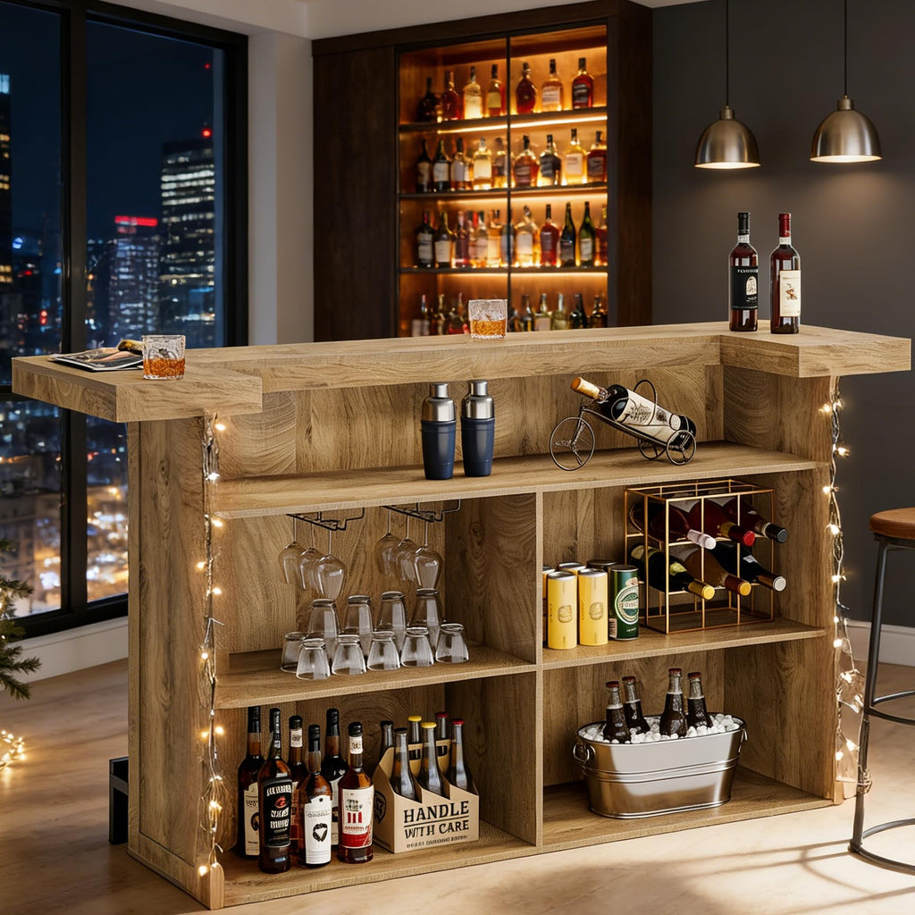 70.9" Large Bar Table with Storage, Wooden Home Bar Unit