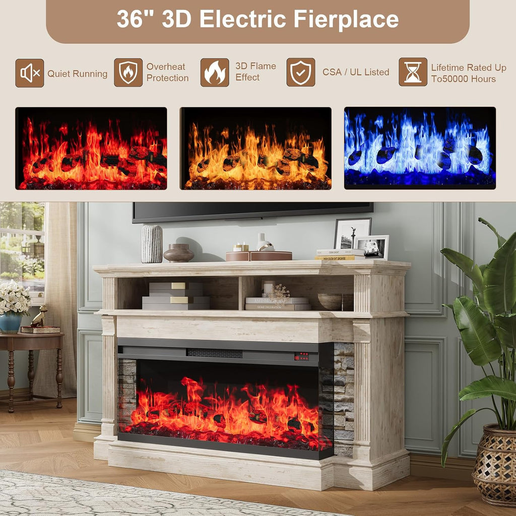 Fireplace TV Stand for TVs up to 65", Farmhouse 52"Fireplace Entertainment Center with 36" 3-Side Glass Electric