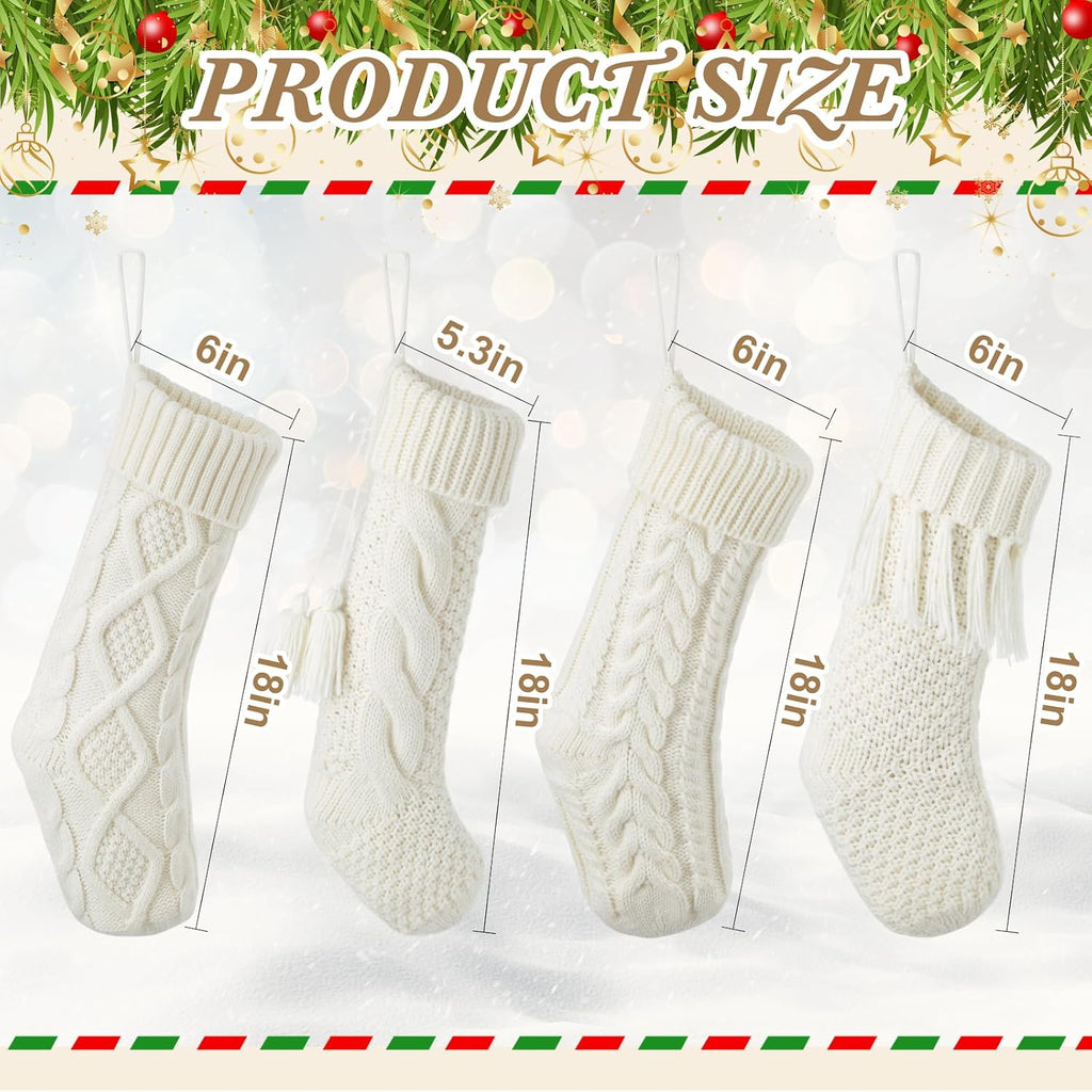 4 Pack White Knit Christmas Stockings - Large 18" Rustic Farmhouse Vintage Cable Knit Holiday Stockings, Cream Ivory