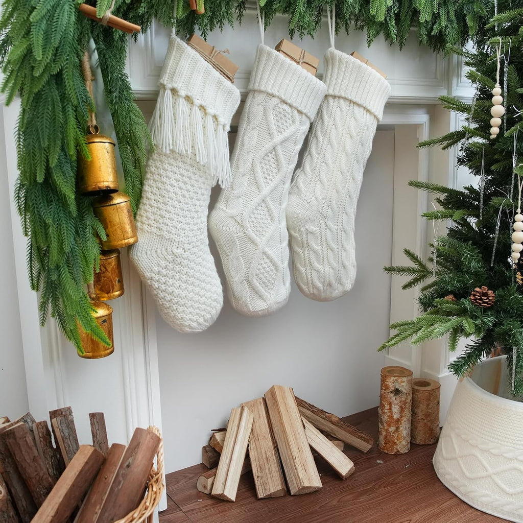 3 Pack White Farmhouse Christmas Stockings - Large 18" Rustic Boho Vintage Cable Knit Holiday Stockings, Neutral