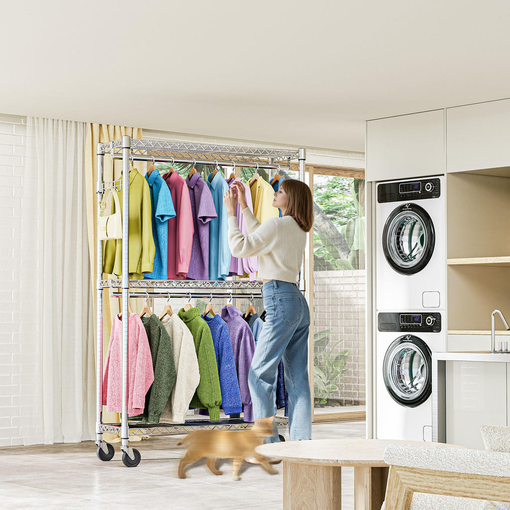 Heavy Duty Rolling Garment Rack 3 Tiers Adjustable Wire Shelving Clothes Rack with 2 Rods and Side Hooks, Storage
