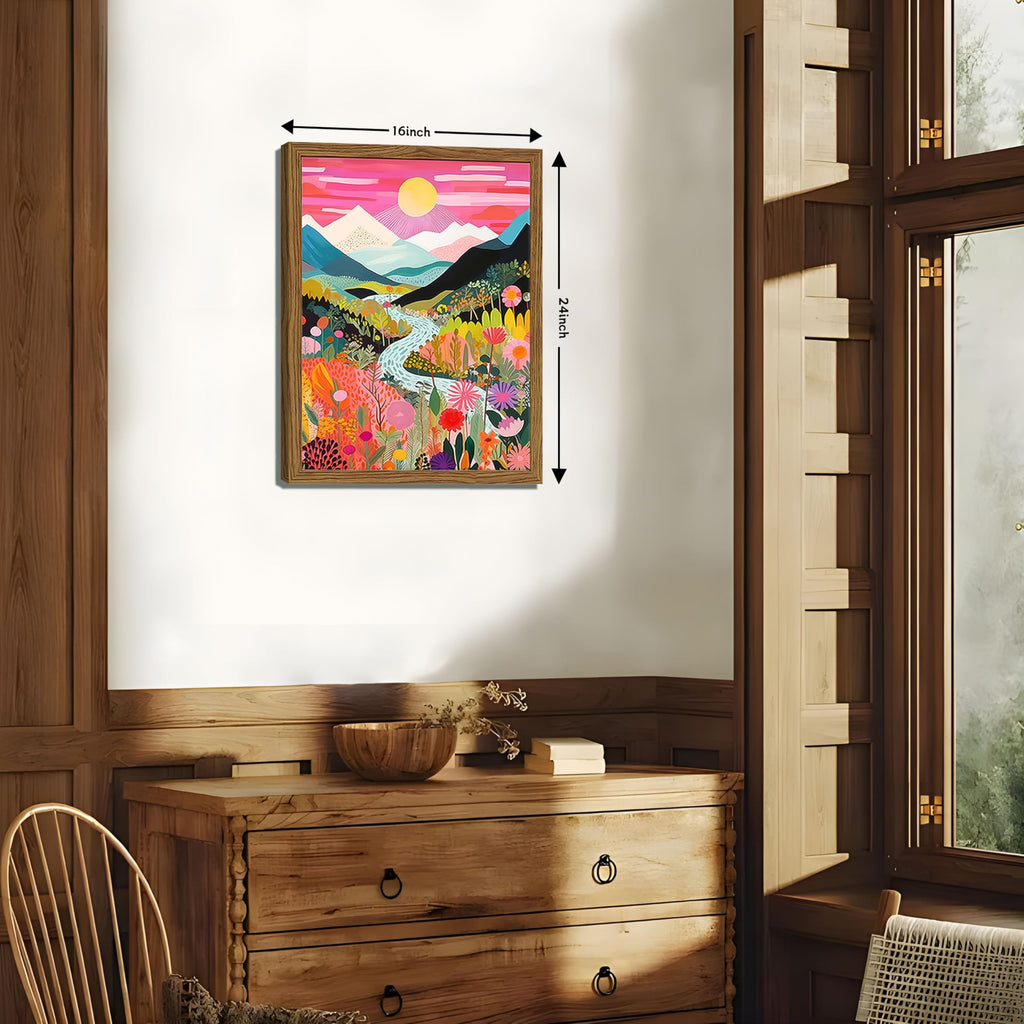 Boho Colorful Mountain Wall Art Set of 3, Abstract Watercolor Landscape Flower Wall Decor Paintings, Modern Nature
