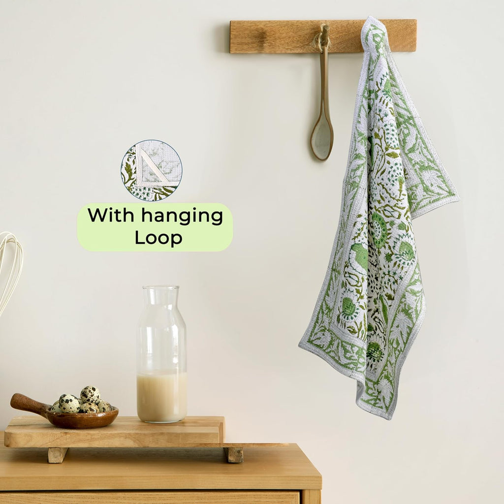 CPC Agate Green Hand Block Print Waffle Kitchen Towel Set of 3-16 x 28 Inch Ultra Absorbent Quick Dry Cotton Dish