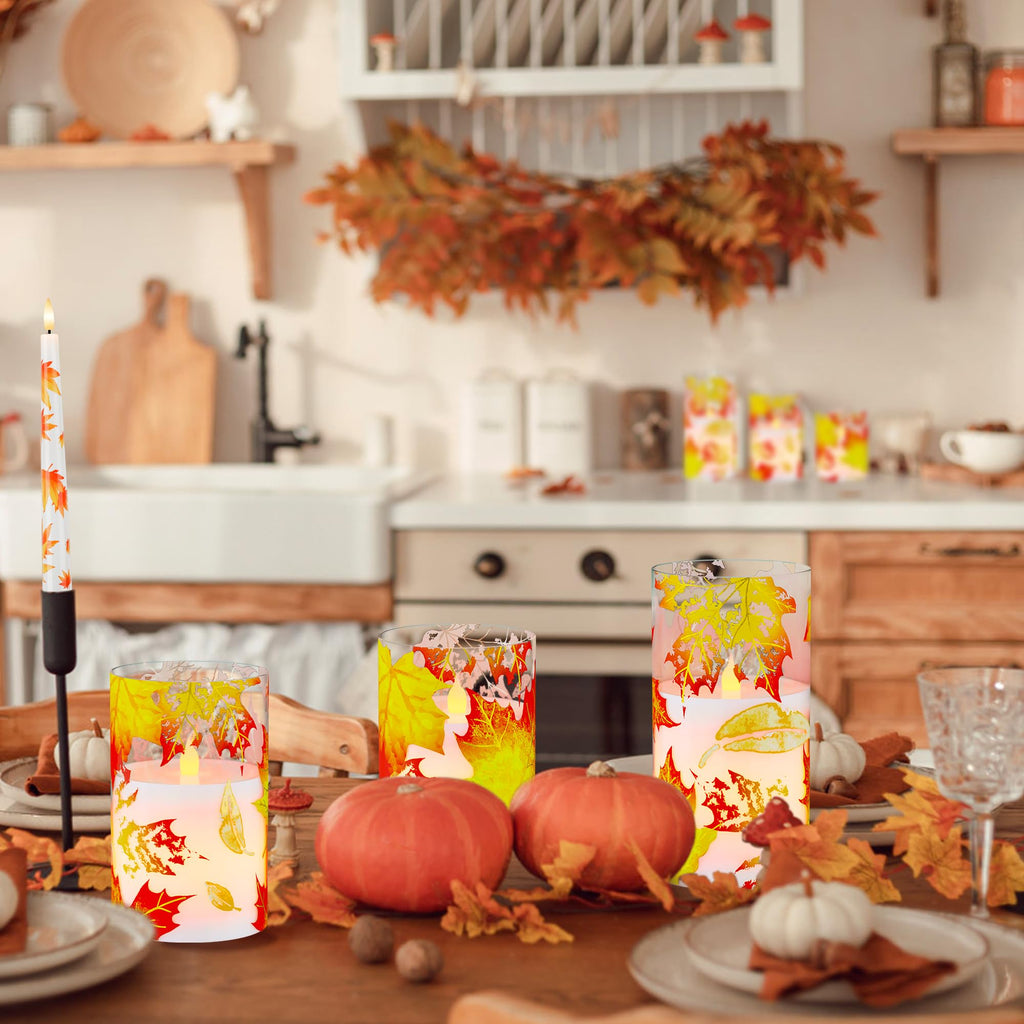 Fall Flameless Candles, Maple Leaf Battery Operated Candles with Remote