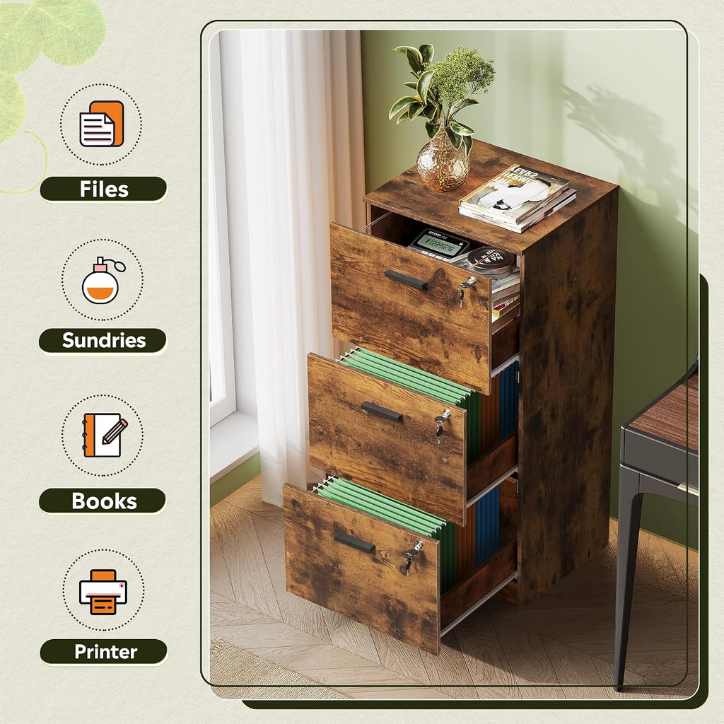 3 Drawer Wood File Cabinet , Fits Letter and A4 Size | Wooden Filing Cabinet with Lock, Vertical File Storage