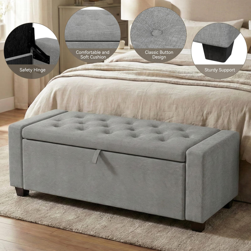 48" Ottoman with Storage, Gray Storage Ottoman Bench, Bench