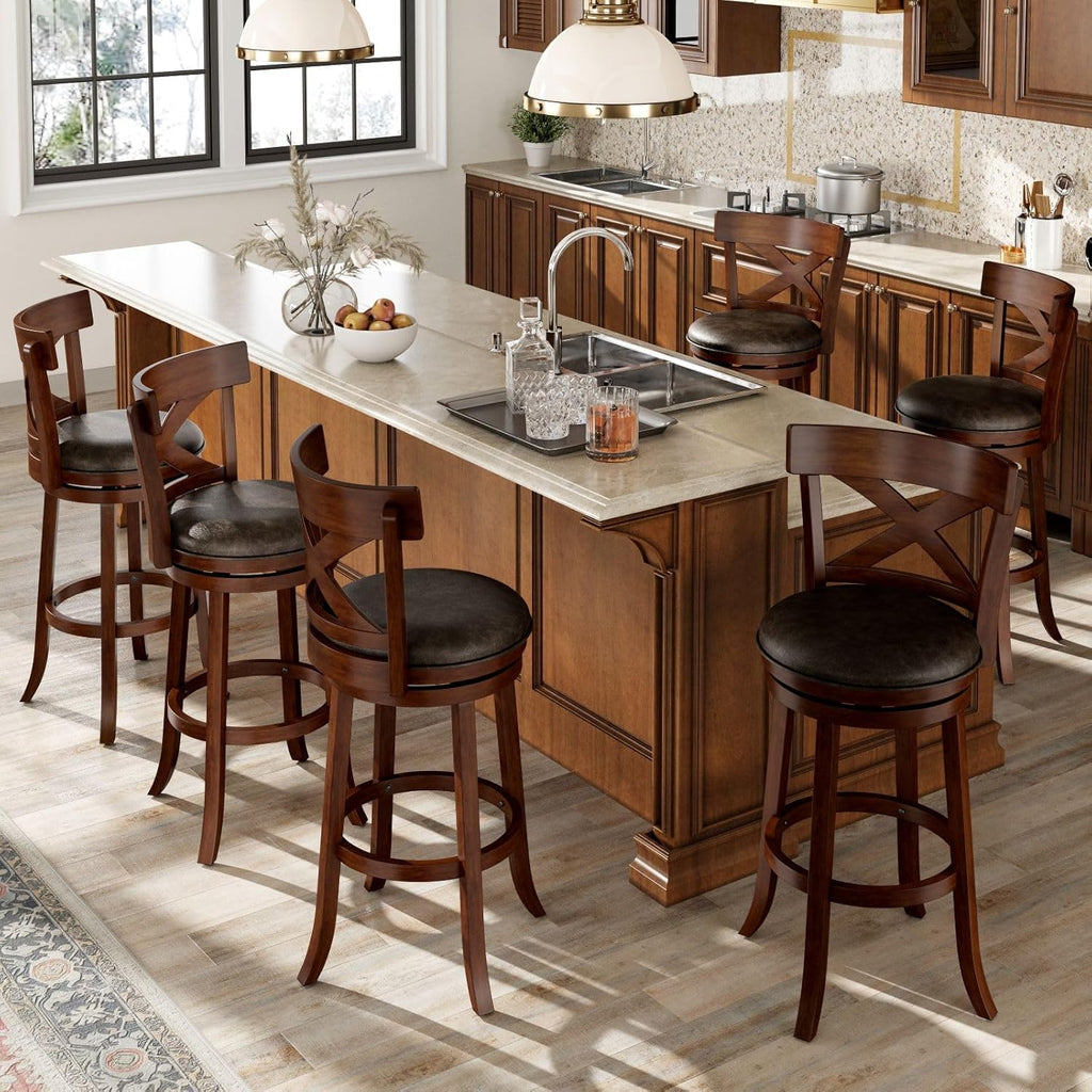 Swivel Bar Stools Set of 4, 30 Inch Bar Height Barstools with Cross Back & Solid Wood Legs,Faux Leather
