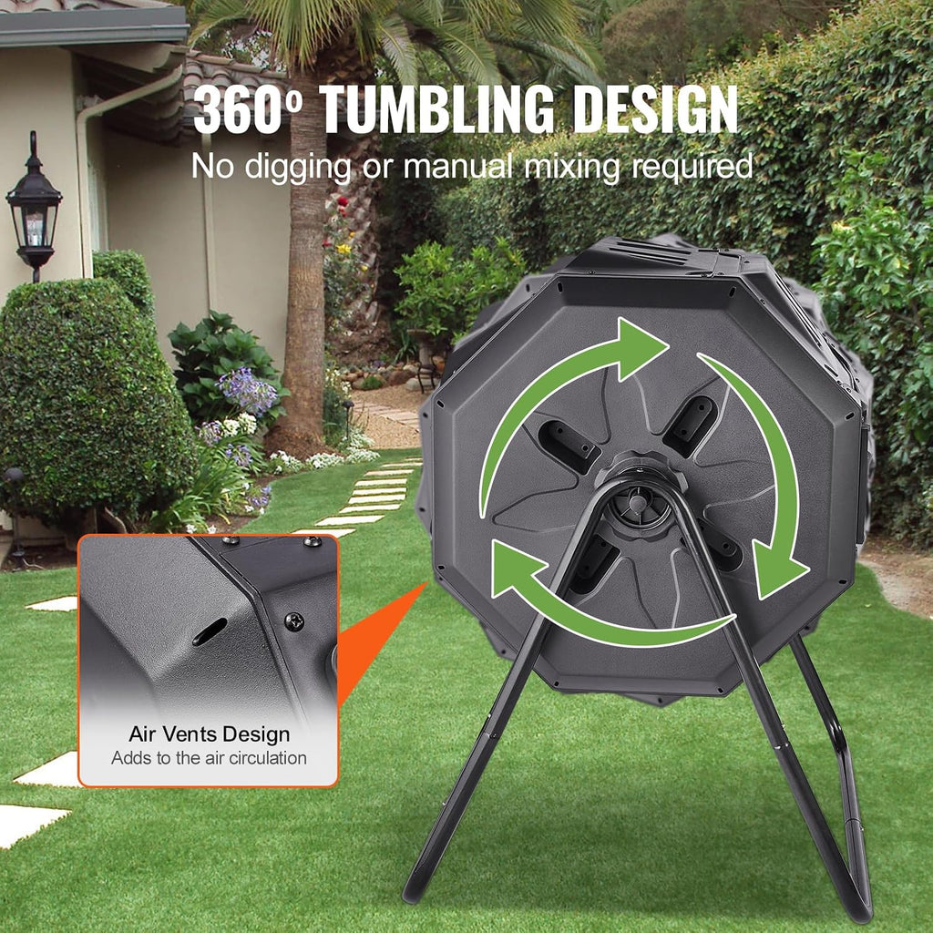 Compost Bin, 43-Gal Dual Chamber Composting Tumbler, Large Tumbling Rotating Composter with 2 Sliding Doors and Steel