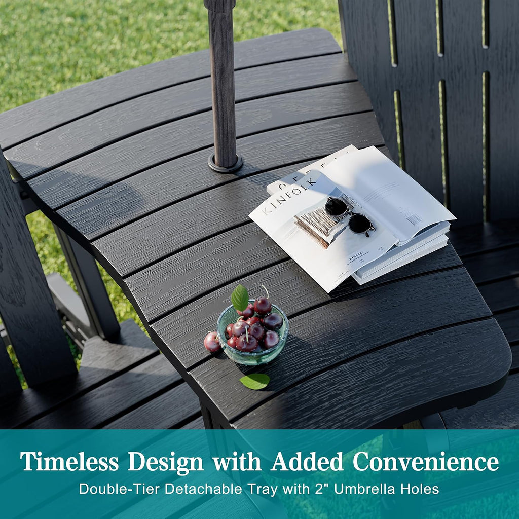 JY QAQA Outdoor Adirondack Chair Set of 2, All-Weather HDPE Patio Furniture with Detachable Table, Wood Texture & Cup